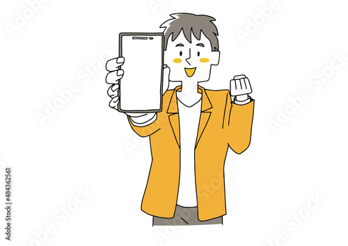 スマホの画面をコチラに見せている男性　コミカルな手書きの人物　ベクター、線画にシンプルな色つけ　