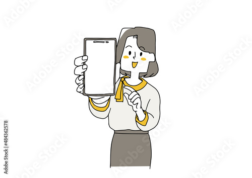 スマホの画面をコチラに見せている女性　コミカルな手書きの人物　ベクター、線画にシンプルな色つけ　