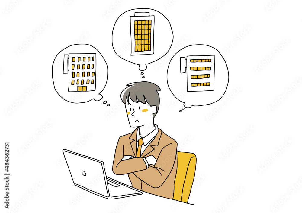 パソコンを見ながら転職先について考えている男性 コミカルな手書きの人物