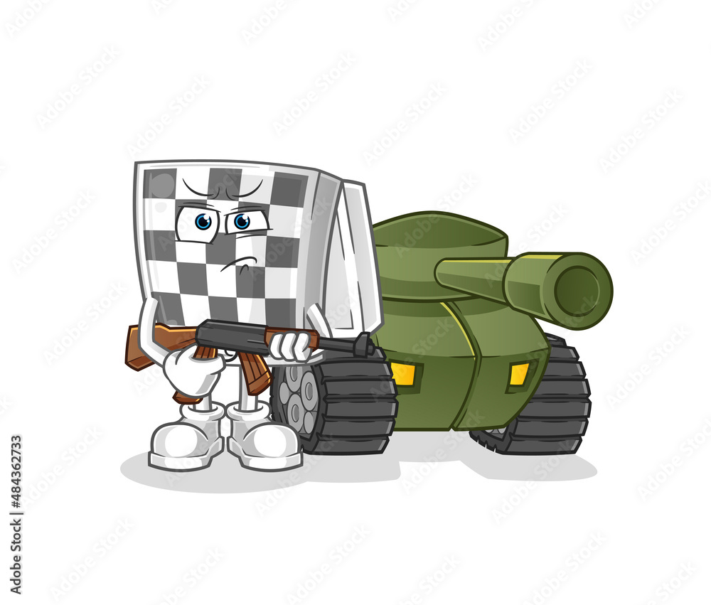 Fototapeta premium chessboard soldier with tank character. cartoon mascot vector