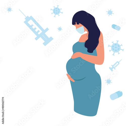 Pregnant woman at the doctor, an injection Covid-19 vaccine to momduring pregnancy, vaccinations, pregnancy health. Medical health care for pregnancy concept. Flat cartoon illustration 
