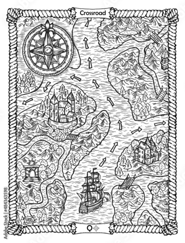 Crossroad card from the oracle Old Marine Lenormand deck with old map and ship. Nautical vintage background, coloring book page, t-shirt and tattoo vector graphic, pirate adventures concept.