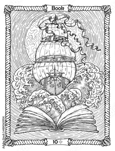 Book card from the oracle Old Marine Lenormand deck with open pages and ship symbol. Nautical vintage background, coloring book page, t-shirt and tattoo vector graphic, pirate adventures concept.