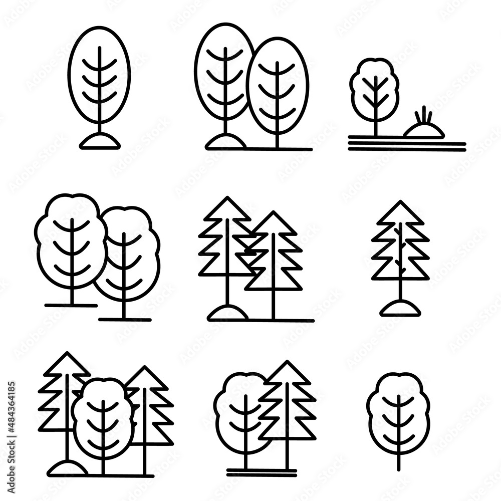 Isolated black and white color trees in lineart style set, forest, park and garden tree flat signs collection. tree flat licon. Isolated black and white color trees in lineart style set, forest, park and garden tree flat signs collection. tree flat licon.