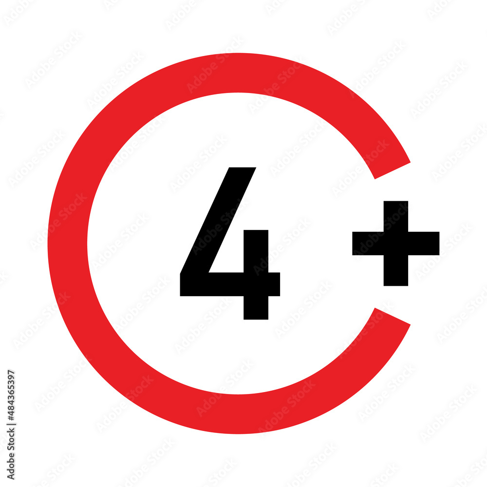 4 plus sign. Four. Age restrictions, censorship and parental control. Icon for content, movies, food, juice and toys. 4 plus sign. Four. Age restrictions, censorship and parental control. Icon for content, movies, food, juice and toys.