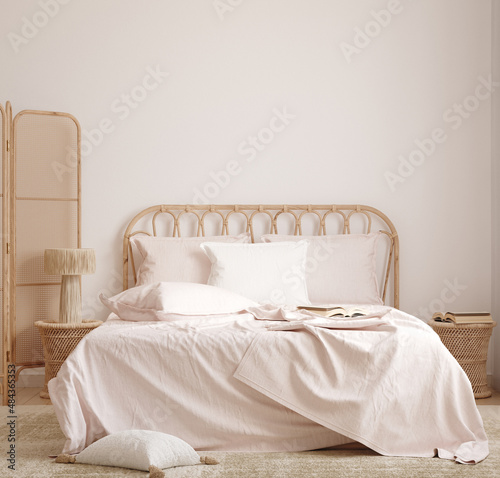 Home mockup, Coastal boho bedroom interior background with rattan furniture in light pastel pink colors, 3d render photo