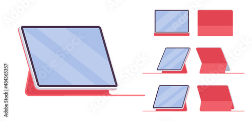 Tablet computer, horizontal mobile computing device, stand folio red case. Office, home, study gadget. Vector flat style cartoon illustration isolated, white background, different views and position