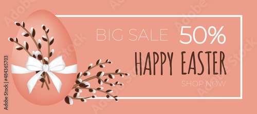 Happy easter sale. Willow branches with the easter egg on pink background. Can be add text. Design for banner, poster, postcard, flyer. EPS10.