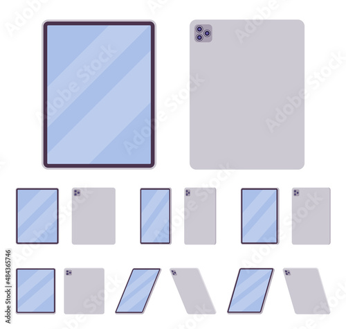 Tablet computer, silver white vertical mobile computing device. Office, home gadget without power button. Vector flat style cartoon illustration isolated, white background, different views, positions