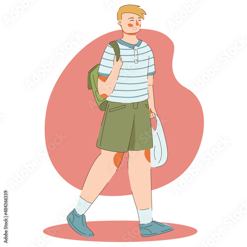 Shoping man walking with groceries in backbag