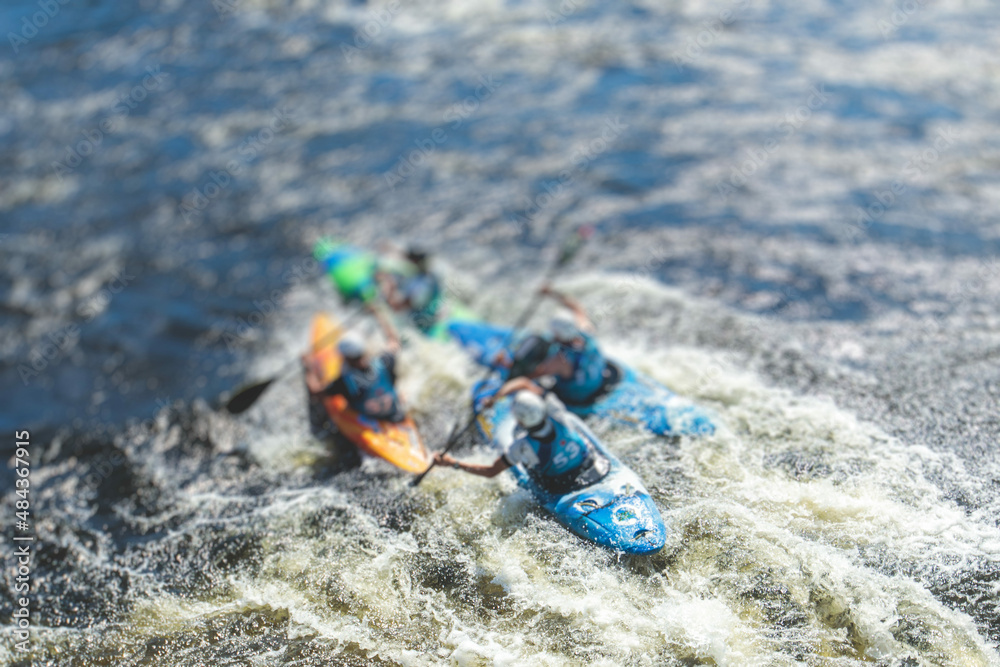 Kayak slalom canoe race in white water rapid river, process of kayaking ...