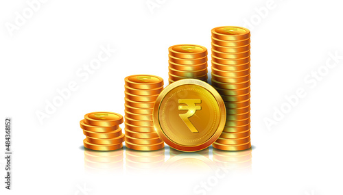 Indian rupee golden coins money wealth stacked growth digital currency. Isolated on white background