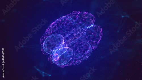 Fototapeta Naklejka Na Ścianę i Meble -  Glowing Human brain made of neon particles. Bright magic brain health concept art in modern abstract style consists of colorful dots. 3d illustration.