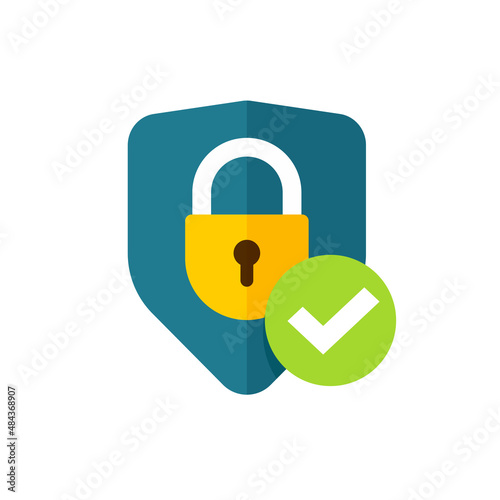 Secure icon with lock shield and check mark as flat logo design as internet antivirus guard private protection badge, encryption network access safety padlock concept blue yellow color photo