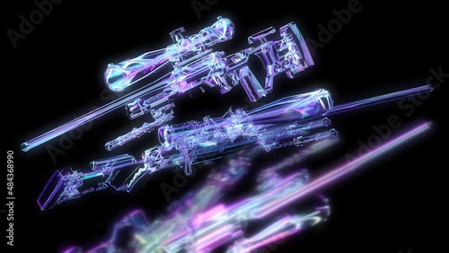 Cyberpunk sky-fi HUD digital weapon. 3d render of a military gun in neon colors. High quality 4k footage. Video 30fps photo