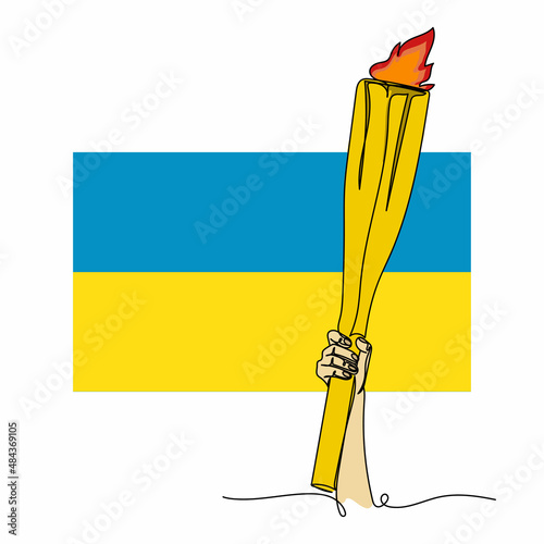 Continuous one simple single abstract line drawing of olympic flame handover ceremony olympiad with Ukraine flag icon in silhouette on a white background. Linear stylized