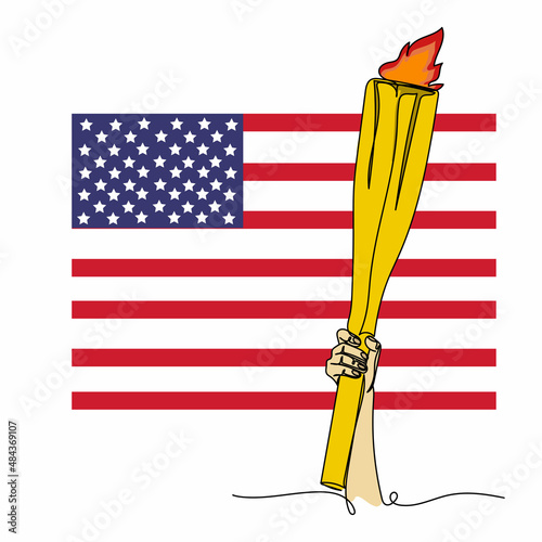 Continuous one simple single abstract line drawing of olympic flame handover ceremony olympiad with USA flag icon in silhouette on a white background. Linear stylized.