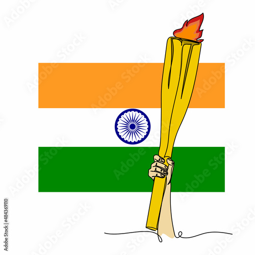 Continuous one simple single abstract line drawing of olympic flame handover ceremony olympiad with India flag icon in silhouette on a white background. Linear stylized.