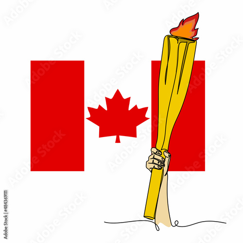 Continuous one simple single abstract line drawing of olympic flame handover ceremony olympiad with Canada flag icon in silhouette on a white background. Linear stylized.