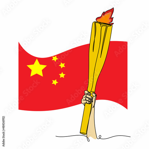 Continuous one simple single abstract line drawing of olympic flame handover ceremony olympiad with China flag icon in silhouette on a white background. Linear stylized.