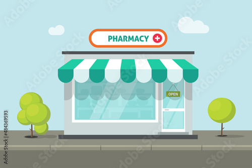 Pharmacy store building vector or small medical pharmacist storefront shop facade window on street road flat cartoon illustration, drugstore front exterior shopfront exterior