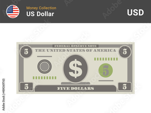 5 US Dollar bill. American money banknote. Currency vector set. Stylized drawing of bills. Flat vector illustration.