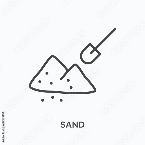 Sand flat line icon. Vector outline illustration of sandpit and shovel. Black thin linear pictogram for earthwork tool