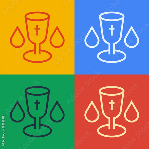 Pop art line Christian chalice icon isolated on color background. Christianity icon. Happy Easter. Vector