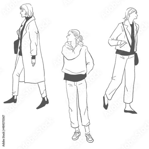 秋冬のファッション、おしゃれな女性のベクター線画