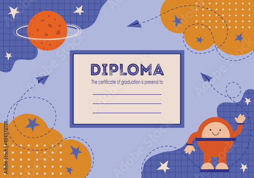 Vector kid's certificate for preschool, school, or play studio. The colored diploma is in a hand-drawn design on abstract shape background.
