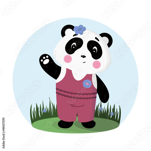 Panda Girl in a pink overalls with a flower on her head. Say "Hello!"