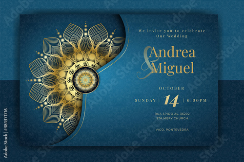 Luxury Mandala Wedding Invitation Card template with golden arabesque pattern Arabic Islamic east background style. Editable vector file. Decorative mandala for print, poster, cover, flyer, banner.