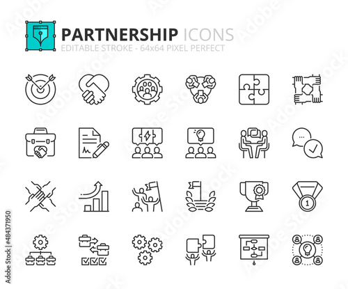 Simple set of outline icons about partnership. Business concept.