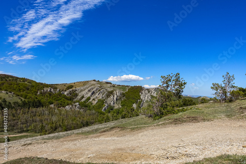 View of the Crimean Mountains plateau from the top of the Demerdzhi. Russia.