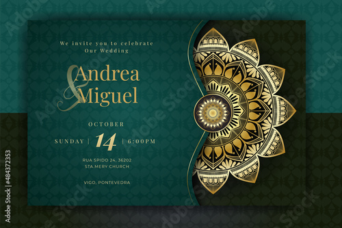 Luxury Mandala Wedding Invitation Card template with golden arabesque pattern Arabic Islamic east background style. Editable vector file. Decorative mandala for print, poster, cover, flyer, banner.