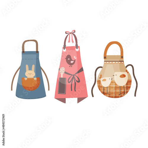 A set of flat illustrations of cooking aprons in a cartoon, hand-drawn style.