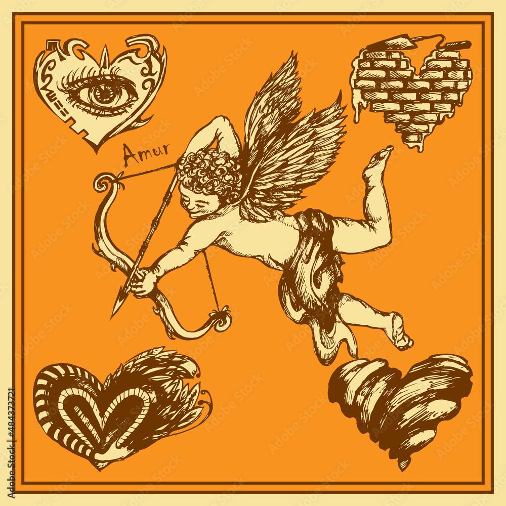 Φωτογραφία Flying Cupid with a bow and arrow surrounded by various hearts