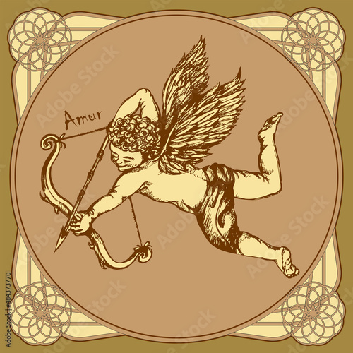 Flying Cupid with bow and arrow in an elegant vintage frame. Sketch. Vector illustration