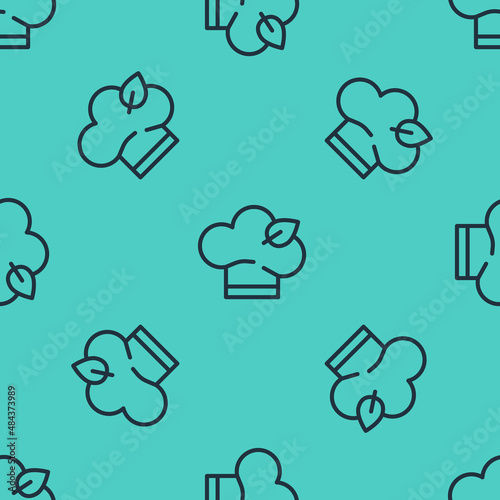 Black line Vegan food diet icon isolated seamless pattern on green background. Organic, bio, eco symbol. Vegan, no meat, lactose free, healthy, fresh and nonviolent food. Vector