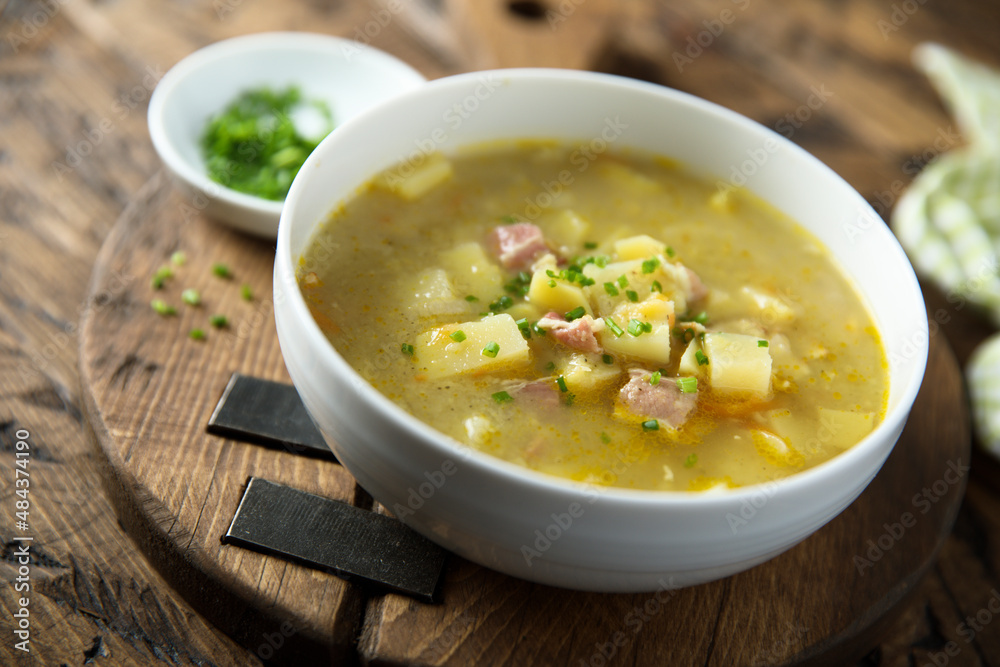 Traditional homemade pea soup with smoked bacon Traditional homemade pea soup with smoked bacon