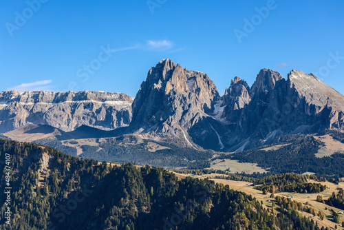 Sassolungo and Sassopiatto mountains of Langkofel Group. Seiser Alm, South Tyrol, Italy.