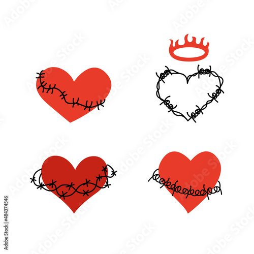 Set of hearts with barbed wire. Heart with barbed wire and flaming red nimbus. Valentine's day. Vector illustration. Grunge style. Tattoo old school style.