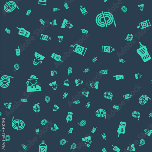Set Spray against insects, Climber rope, Hunter and Walkie talkie on seamless pattern. Vector
