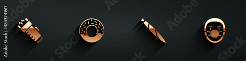 Set Police electric shocker, Donut, Marijuana joint and Doctor pathologist icon with long shadow. Vector
