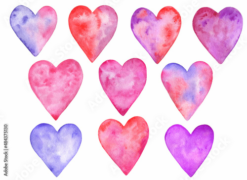Hand drawn watercolor set of colorful hearts.Isolated on white background.Romantic illustrations for valentine's day.