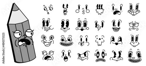 Retro 30s cartoon and comics characters faces. Traditional mascot emotions vector elements. Vintage characters creator for trending illustration.