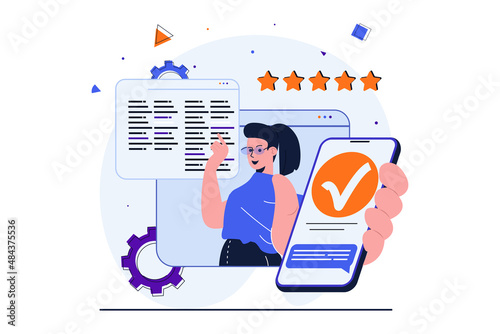 App development modern flat concept for web banner design. Female developer is programming, coding, testing and setting software for mobile phones. Vector illustration with isolated people scene