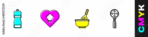 Set Pepper, Chef hat, Kitchen whisk with bowl and Spatula icon. Vector
