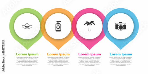 Set Elegant women hat, Sunscreen spray bottle, Tropical palm tree and Photo camera. Business infographic template. Vector