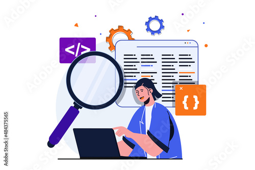 App development modern flat concept for web banner design. Female developer does marketing research, works with code and scripts, settings and optimizes. Vector illustration with isolated people scene